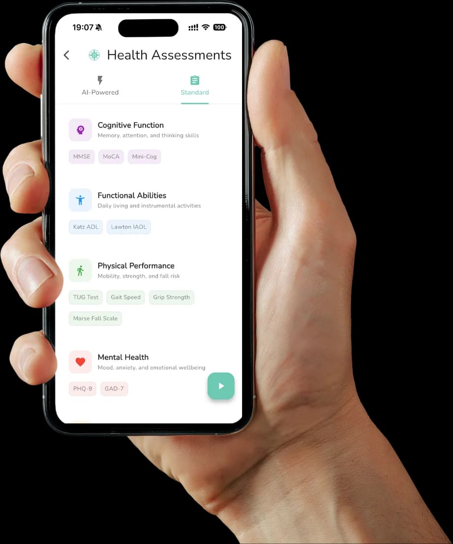 Elderwise caregiver app interface showing health assessment